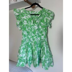 Olivaceous Green Floral Print Mini Dress Ruffle Sleeves Tiered Skirt Large‎